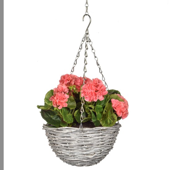 Whitewashed Hanging Basket Pink Artificial Geraniums